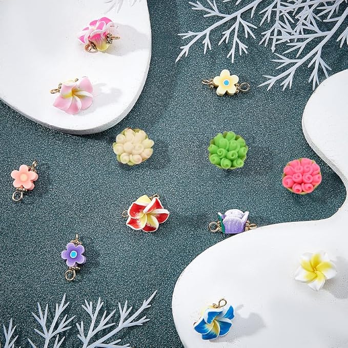 SUNNYCLUE 1 Box 60Pcs 3 Styles Flower Connector Charm Colorful Rose Links Floral Polymer Clay Beads Connectors Gold Plated for Jewelry Making Charms DIY Bracelets Findings, Mixed Colors