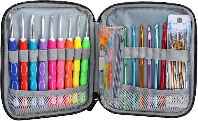 LOOEN Crochet Hooks Set-Yarn Needles Coloured Aluminum with Storage Case Rubbery Handle Ergonomic Comfort Grip DIY Craft Handmake Kit 64pcs