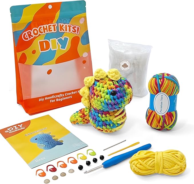 Kovarela Beginners Crochet Kit with Simple Crochet Yarn - with Step-by-Step Video Tutorials (Rainbow Dinosaur)