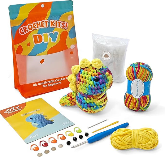 Kovarela Beginners Crochet Kit with Simple Crochet Yarn - with Step-by-Step Video Tutorials (Rainbow Dinosaur)