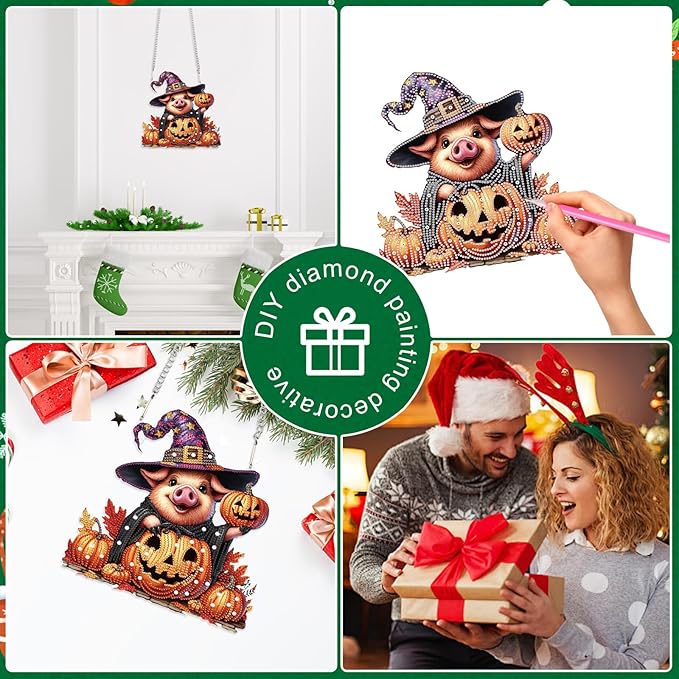 Diamond Art Painting Pendant Kits 5D Diamond Painting Art Hanging Kit Halloween Pumpkin Pig DIY Diamond Crystal Window Door Pendant Kit for Adults Gift Wall Home Halloween Decor (24.1x23.4cm)