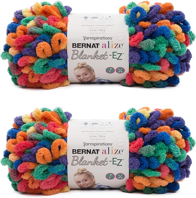 Bernat Alize Blanket-EZ Super Soft Looped Yarn for Beginners, Hand Knitting- No Needles or Hooks Needed, Bright Rainbow 2 Pack