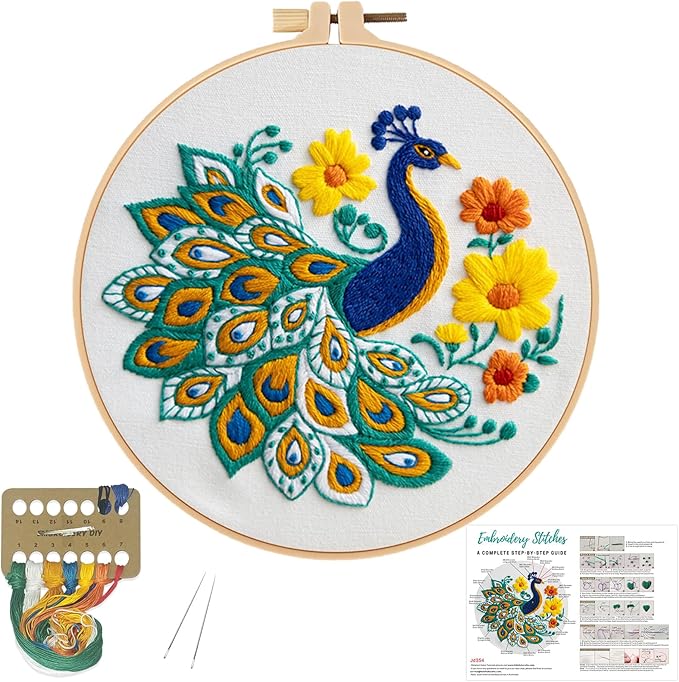 Louise Maelys Peacock Flower Embroidery Kits for Beginners,Cross Stitch Kit for Adults,DIY Needlepoint Kits Including Embroidery Hoop,Instruction and Threads