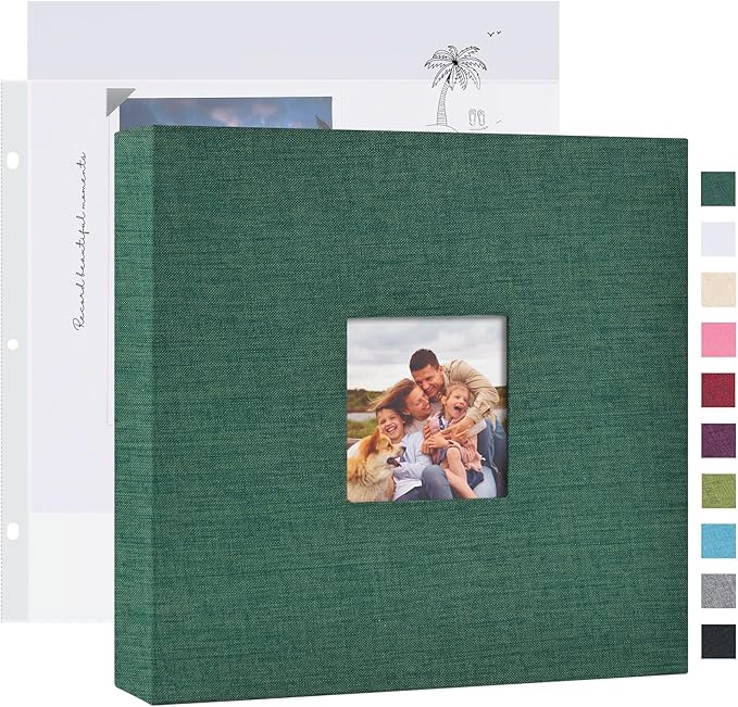 Mublalbum 8x8 Inch DIY Scrapbook Photo Album with 20 Plastic Sleeves 40 Pages Linen Cover 3 Ring Folder Binder for Wedding Baby Family and DIY Projects (Dark Green)