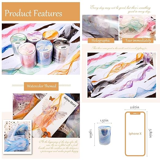Kesari Tape Stickers for Scrapbooking Supplies,6 Rolls Watercolor PET Washi Tape Scrapbook Stickers for Journaling, DIY Crafts (Gold)