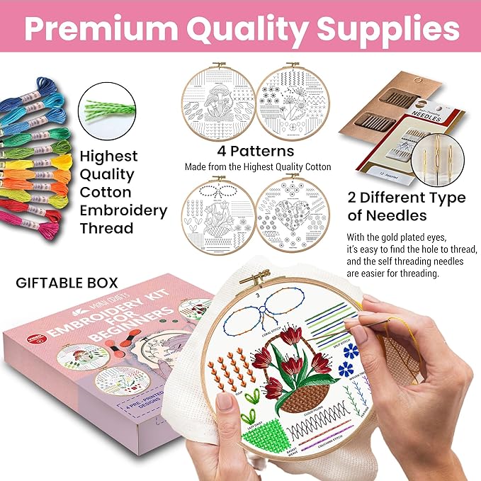 Moni Crafts Adult Beginner Embroidery Kit – 4 Pre-Printed Patterns (Flower, Mushroom, Floral, Heart) – Learn 41 Stitches, Hand Embroidery Starter Craft Set