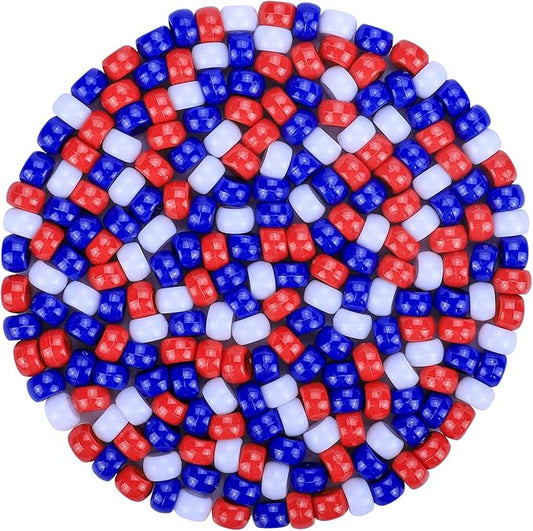 Plastic Pony Beads for Jewelry Making, 1200 Pieces, Multi-Color, 0.35 x 0.22 inch, DIY Craft Beads for Bracelets and Hair Braids (Red+White+Blue)