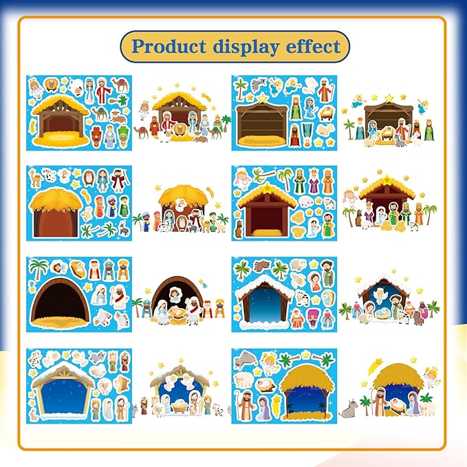 christmas nativity stickers for kids, make a nativity scene kit, jesus birth stickers, christmas crafts for kids, christian religious bible scene party favor home classroom activity
