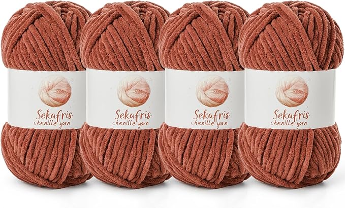 4 Pack Chunky Chenille Yarn for Crocheting, Baby Yarn for Crocheting Soft Blanket, 349.9 yds /14.1 oz Crochet Yarn, Bulky 5 Amigurumi Yarns, Fluffy Velvet Yarns for Knitting Crafts (4 Rust)