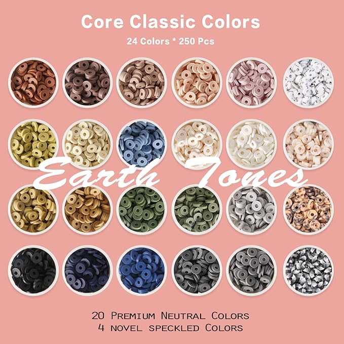 ADIIL 7200 Pcs Clay Beads Friendship Bracelet Making Kit, 24 Colors 6mm Polymer Heishi Beads, Neutral