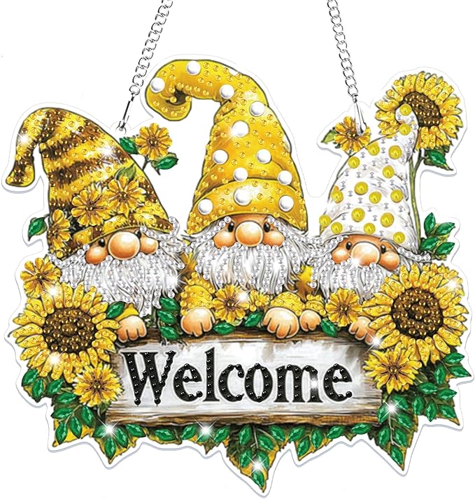 Bowetile Hanging Diamond Art Gnomes Kits for Adults, 5D Special Shape Diamond Painting Welcome Sign Gnomes Kits, Diamond Gem Art Suncatchers Painting Ornament for Home Garden Wall Decor