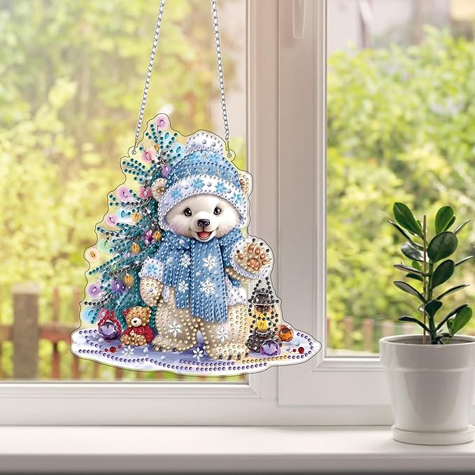 HEIBAGO Polar Bear Diamond Art Hanging Kits for Adults Kids, 5D Special Shaped Crystal Diamond Painting Kit, DIY Pattern Window Pendant Gem Art Kit for Home Wall Decor 8.3 x 8.3 Inch