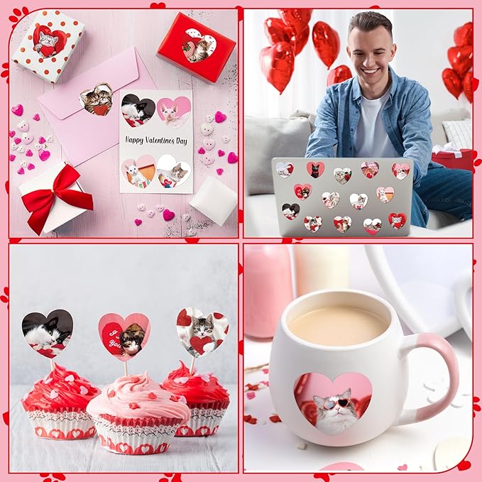 beyumi valentine realistic cat sticker - 1000pcs valentine's day realistic cat stickers in 2 rolls for kids valentine animal heart waterproof decal greeting card envelope scrapbooking party gift decor