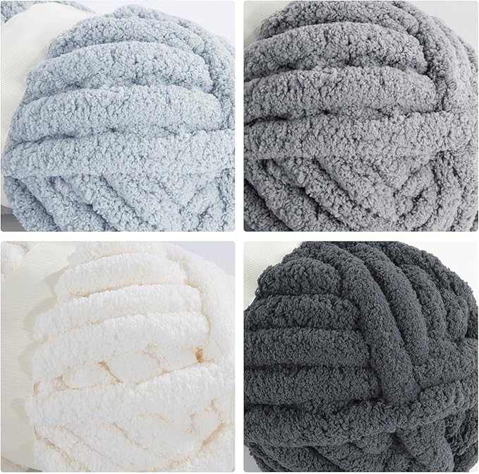 MABOZOO Assorted Chunky Yarn for Crocheting 8 Pack,Fluffy Jumbo Chenille Yarn,Soft Plush Yarn Bulky,Giant Thick Fuzzy Yarn for Hand or Arm Knitting,Cream & Multi Grey(31.7 yds,8 oz Each Skein)