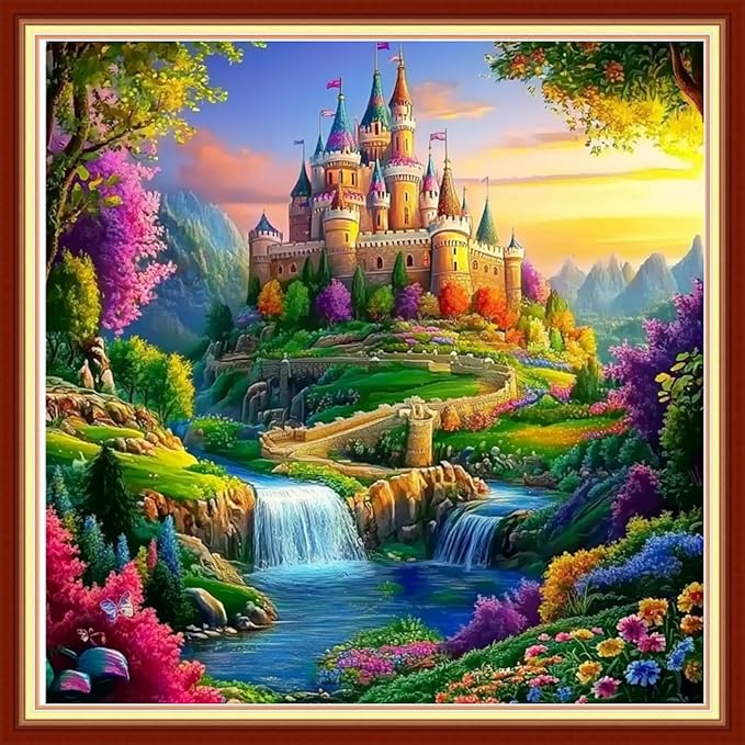 fanxvivy stamped cross stitch kits for beginners full range of cross stitching preprinted embroidery kits for adults, 11ct embroidery pattern needlepoint kits-magic castle 18x18 inch