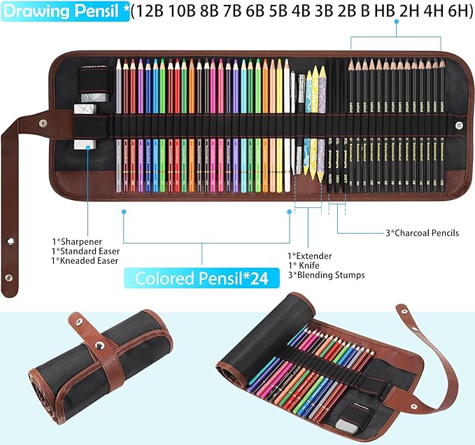 Heshengping Sketching Drawing Art Pencil Kit-50 Piece Set with 24 Color Pencils for Coloring Books, 14 Graphite 3 Charcoal Erasers Etc., Artist Supplies Ideal for Adult, family friend, Beginner