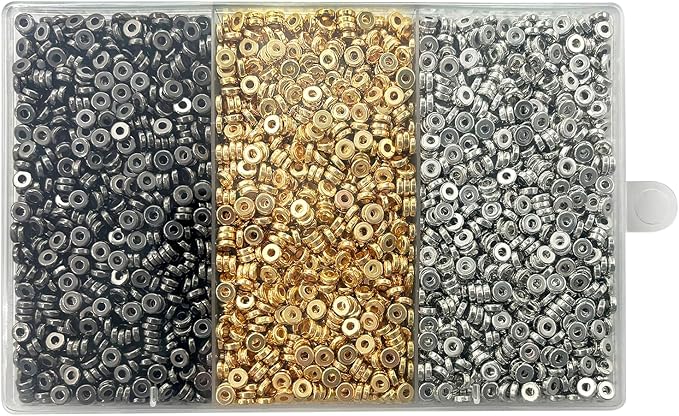 6mm Flat Round Spacer Beads, Clay Beads for Bracelets Making Kit, Heishi Polymer Flat Disc Spacer Beads for Jewelry Making, Clay Beads for Jewelry Making Gold Beads Silver (3000pcs)