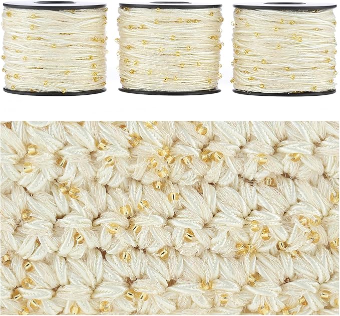 Artisanal Yarn Collection Multifiber Fancy Yarn for Knitting Crocheting Crafts DIY, Set of 3 Rolls (Cream Satin with Mini Golden Beads)
