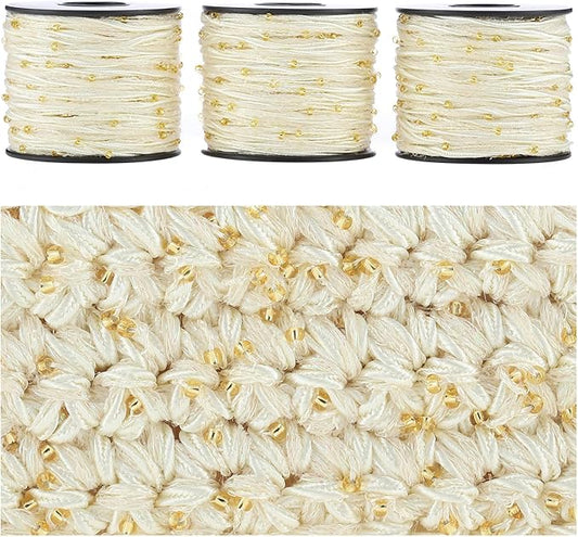 Artisanal Yarn Collection Multifiber Fancy Yarn for Knitting Crocheting Crafts DIY, Set of 3 Rolls (Cream Satin with Mini Golden Beads)