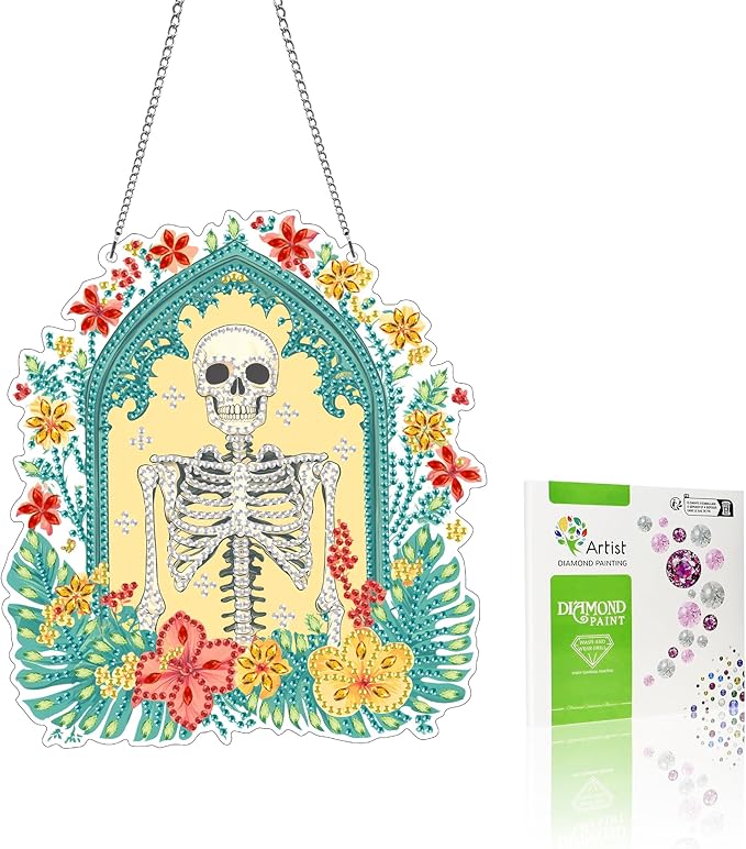 VAIIEYO Skull Diamond Art Hanging Ornament, Flower Diamond Painting Suncatchers Window Hanging Kit with Chain, 7.5x7.5 inch Crystal Pendant Art Craft for Gift Home Wall Front Door Decoration