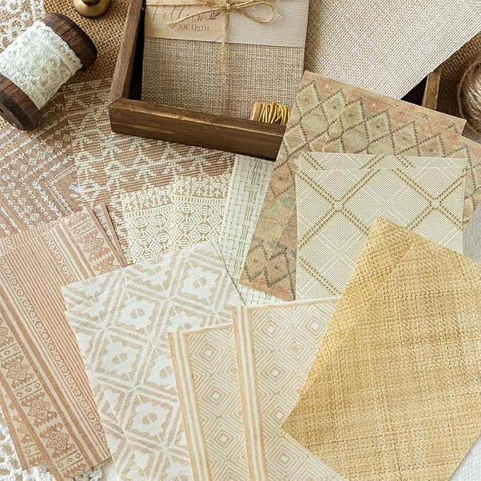 24 Sheets Vintage Linen Scrapbook Paper Embossed Textured Paper Kit Collage Supplies for Decoupage Crafts Scrapbooking Card Making Bulletin Board Junk Journalling Embellishment(Light Brown)