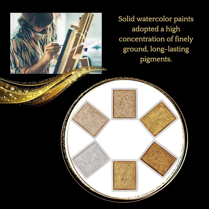 Golden Artistry: 6 Metallic Watercolor Paints Including Lustrous Gold for Professional Artwork