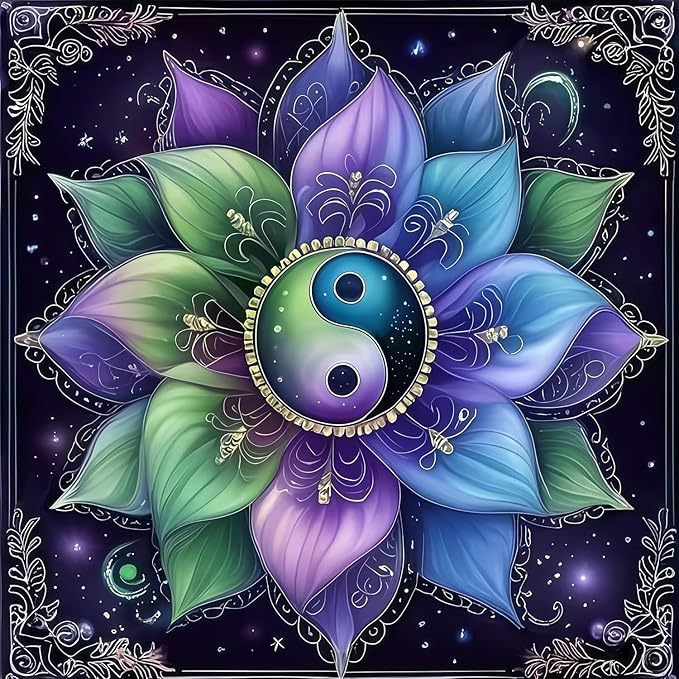 Diamond Art Kits for Adults Yin Yang Flowers, DIY 5D Diamond Painting Kit for Beginners, Tai Chi Full Round Drill Gem Art Dots for Adults, Diamond Dots Paintings Crafts Home Wall Decor 14X14 Inch