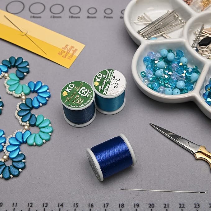 KO Nylon Beading Thread, Clear Blue Color, Japanese Pre-Waxed 100% Nylon, 330TEX, Tangle Resistant Knotting Cords, 50m /55 yds Spool, Use for Seed Bead Projects, Loom Work & Bead Weaving