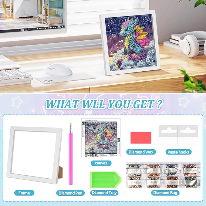SENQAO Dragon Diamond Art Kit for Adults with Frame Art and Crafts for Adults Ages 4-6-8-12 Easy to DIY Diamond Art for Adults and Adult Beginners Home Wall Decoration 7.1x7.1inch