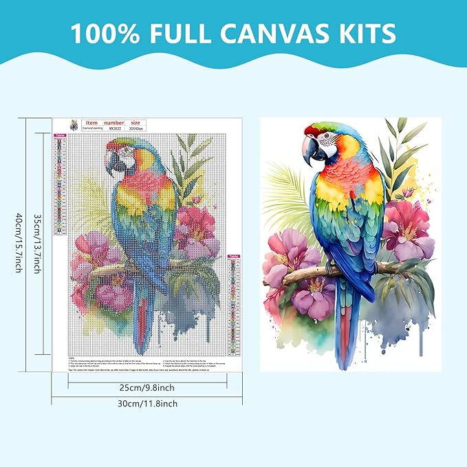 SENQAO Parrot Diamond Painting Kits for Adults Beginners, Full Round Drill Gem Birds Flowers Diamond Art Kits, DIY 5D Parrot Diamond Painting Diamond Art Kits Picture for Home Wall Decor 30x40cm