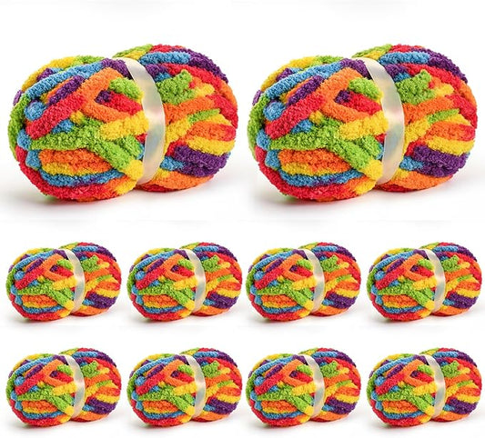 10 Pack Jumbo Chunky Yarn for Hand Knitting, Fluffy Chunky Chenille Yarn for Crocheting, Variegated Chunky Knit Baby Blanket Yarn, 240 yds /70.5 oz Super Bulky Yarn（Rainbow）