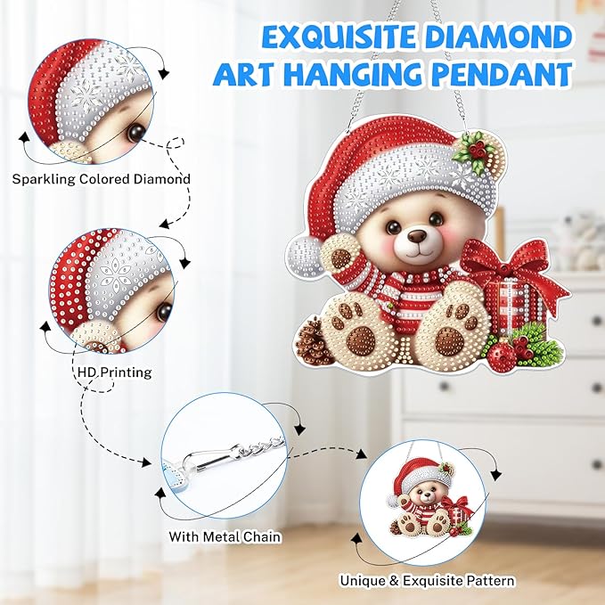 Bowetile Christmas Hanging Diamond Art Painting Kits for Adults, 5D Special Shape Diamond Art Kits Bear, Crystal Gem Painting Arts and Crafts for Adults for Home Garden Decor