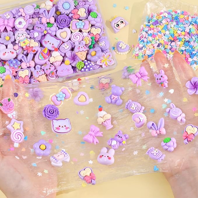 100PCS Purple Slime Charms Cute Flatback Resin Charms for Slime, Random Kawaii Decoden Charm for Embellishments Phone Junk Case Charms Bulk, Hairpins Scrapbooking Crafting & DIY Decoration