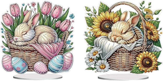 DIY Dot Diamond Art Painting Desktop Easter Creative Ornaments by Number Embroidery Arts and Crafts Easter for Home Office Garden Decoration (Single Side Dot Diamond)-2PCS