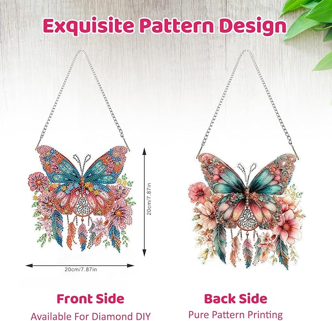 MEIYUDA Butterfly Diamond Art Hanging Kits for Adult, Butterfly Dreamcatcher Diamond Painting Hanging Kits Ornament, DIY Special Shaped Rhinestone Window Pendant Kit for Home Garden Wall Decor Gift
