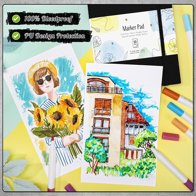 50 Sheets Hardcover Marker Paper Pad, 5.5x8.5in Alcohol Marker Paper Sketch Pad, 73lb/120gsm Heavyweight Spiral Sketch Book, Painting Coloring Drawing Book for Beginners Artists Ideal Gift