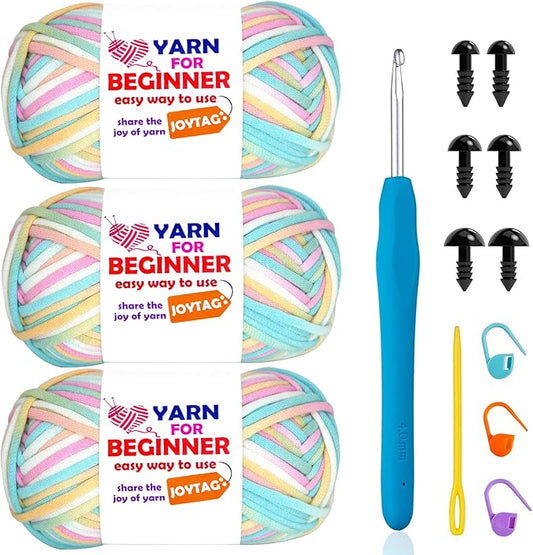 3 Pack Rainbow Beginner Crochet Yarn for Crocheting and Knitting Multicolor Cotton Crochet Yarn for Beginners with Easy-to-See Stitches Cotton-Nylon Blend Easy Yarn for Beginners(Candy)