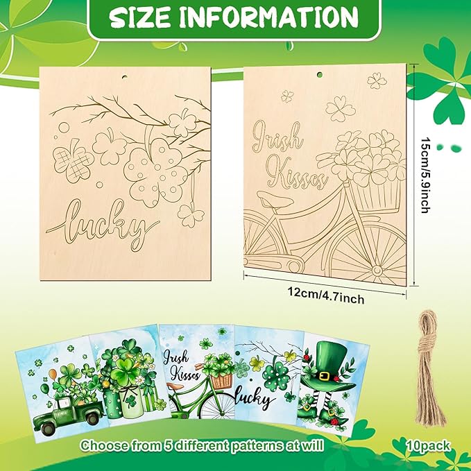 COCHIE 10 Pieces Large St. Patrick's Day Unfinished Wood Crafts to Paint for Adults, Bulk Predrilled Wooden Ornaments for Painting, Pot of Gold Paintable Wood Slices Craft Supplies with Ropes