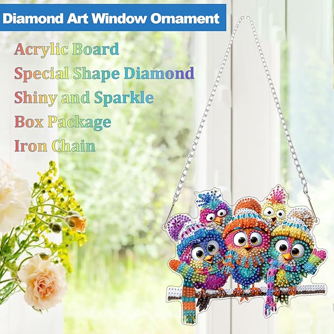 CEOVR Winter Bird Hanging Diamond Painting, Birds Special Shape Diamond Art for Adults, Winter Christmas DIY Gem Art, Acrylic Home Garden Decor with Chain, Box Kit 7.87x6.79In