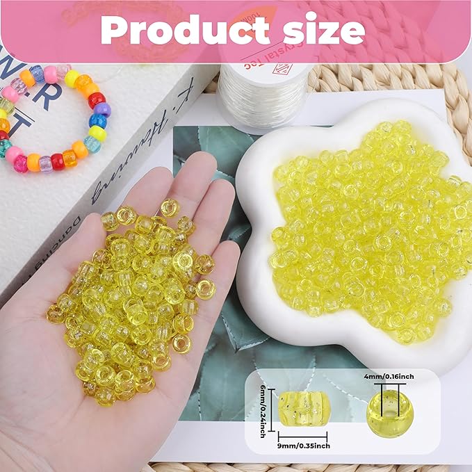 Plastic Pony Beads, 1000 Pcs, 6x9mm, for Bracelet, Hair Braiding, Friendship Bracelets, Jewelry Making (Yellow Glitter)