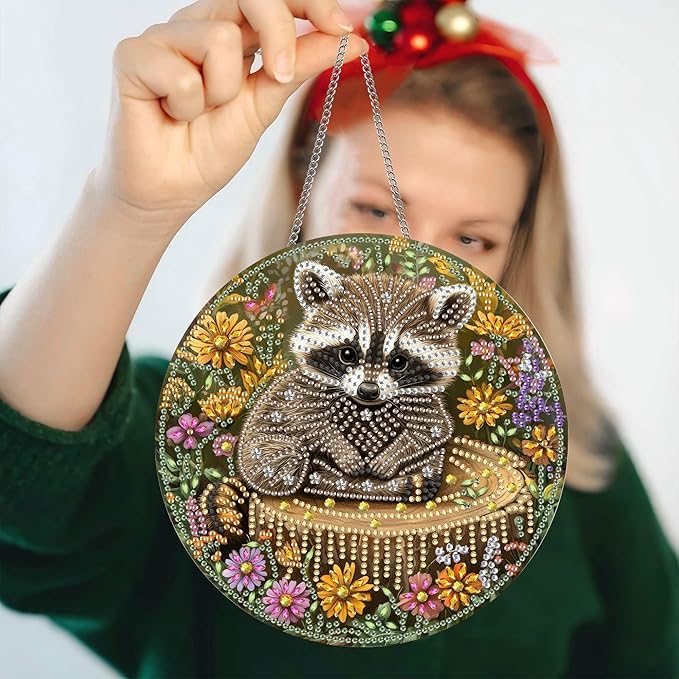 Pavemlo Hanging Diamond Art Kits for Adults Raccoon – 8x8 Inch Double-Sided Acrylic Board DIY Crystal Diamond Suncatcher Pendant, Sparkling Home Wall or Window Decoration Handmade Gift