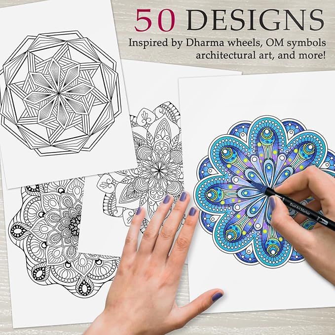 Mandala Coloring Book for Adults: 50 Relaxing Patterns with Spiral Bound Hardcover & 36 Dual-Tip Markers - Mindfulness Arts and Crafts Gift for Women