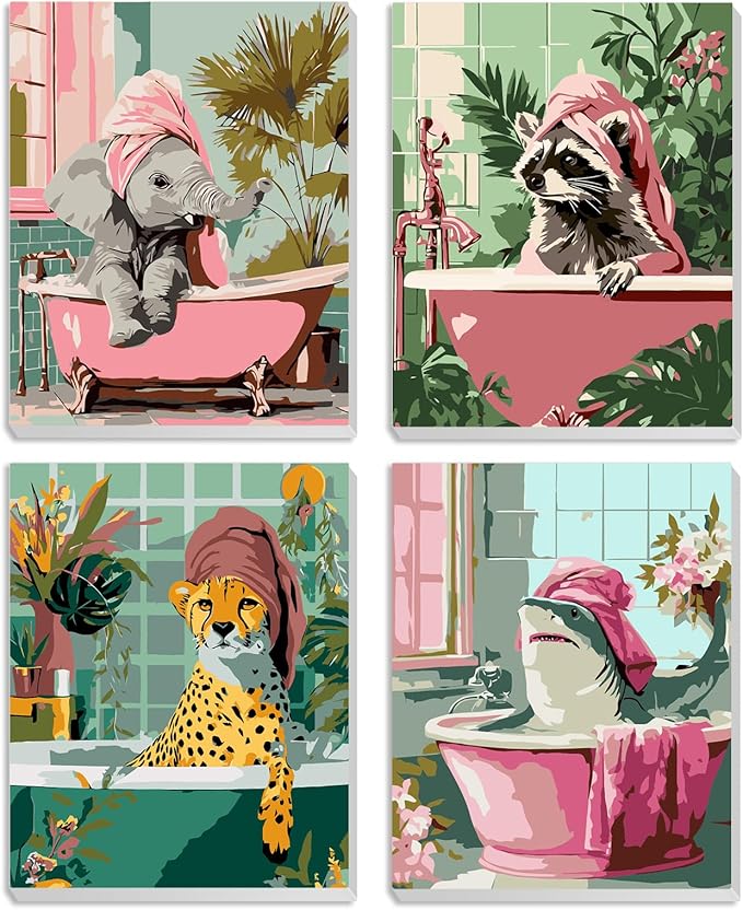 MXJSUA 4 Pack Elephant Shark Animals Framed Paint by Numbers Kit with Canvas for Adults Beginner, DIY Acrylic Oil Painting Kits with Brushes for Home Wall Decor Gift (8x10 inch)