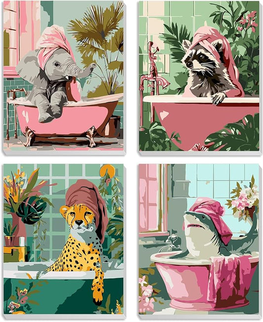 MXJSUA 4 Pack Elephant Shark Animals Framed Paint by Numbers Kit with Canvas for Adults Beginner, DIY Acrylic Oil Painting Kits with Brushes for Home Wall Decor Gift (8x10 inch)