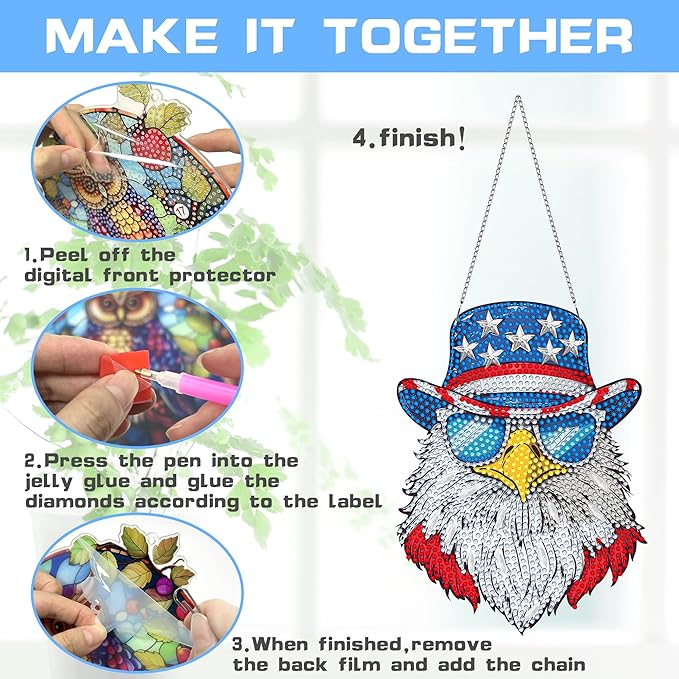 VAIIEYO Eagle Diamond Painting Hanging Ornament, Diamond Painting Suncatchers Double Side Window Hanging Kit with Chain, 7.5x7.5 inch Crystal Pendant Art Craft for Gift Home Wall Front Door Decoration