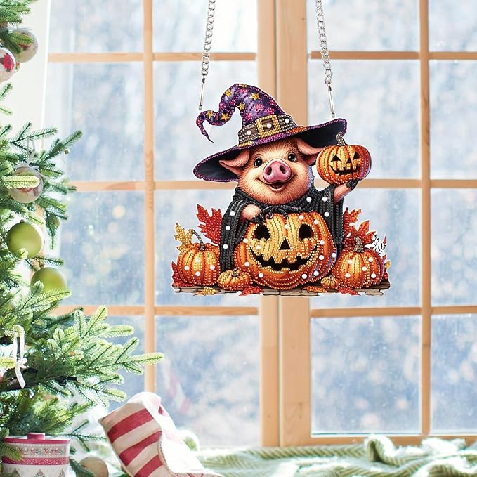 Diamond Art Painting Pendant Kits 5D Diamond Painting Art Hanging Kit Halloween Pumpkin Pig DIY Diamond Crystal Window Door Pendant Kit for Adults Gift Wall Home Halloween Decor (24.1x23.4cm)