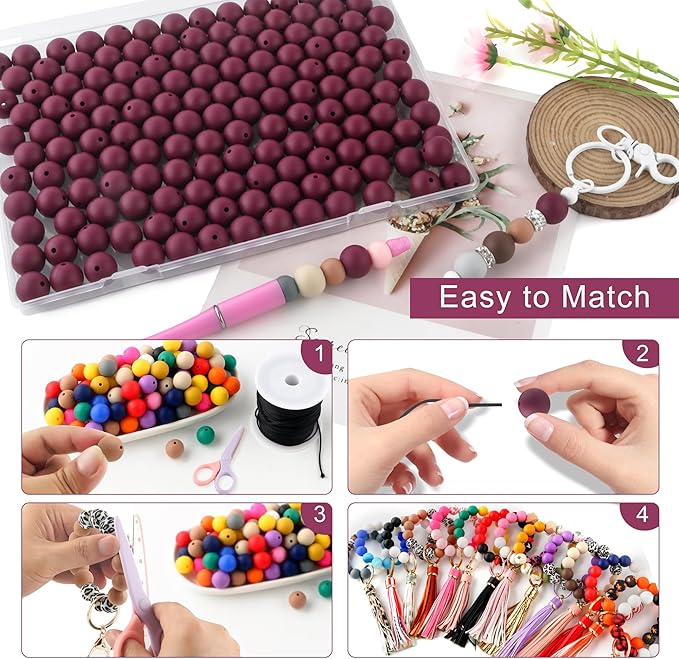150Pcs 15mm Silicone Beads for Keychain Making Bracelet Necklace, Bulk Round Silicone Beads for Pens（Wine Red）