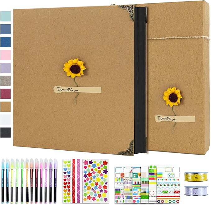 Vienrose DIY Scrapbook Photo Album Kit with Pens Tapes and Stickers 60 Pages Hardcover 12x12 Inches 3 Rings Removable Black Paper Scrapbooking for Lover Friends Kids Wedding Khaki