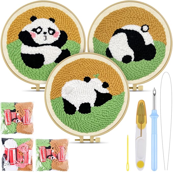 TINDTOP 3 Sets Punch Needle Kits, Panda Punch Embroidery Kits for Adults Beginner, Tool with Punch Needle Fabric, Hoops, Yarns and Sewing Needles