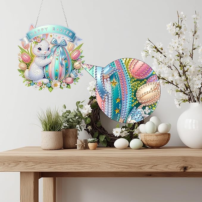 Aeepics Hanging Diamond Art Kit for Adult, DIY Diamonds Painting Pendant Ornament Kit, Acrylic Diamond Art Painting Board Kit (Easter Rabbit)